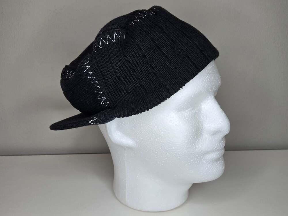 Pugs Gear Black Knit Beanie Cap with Bill Visor and White Zig Zag Stitching